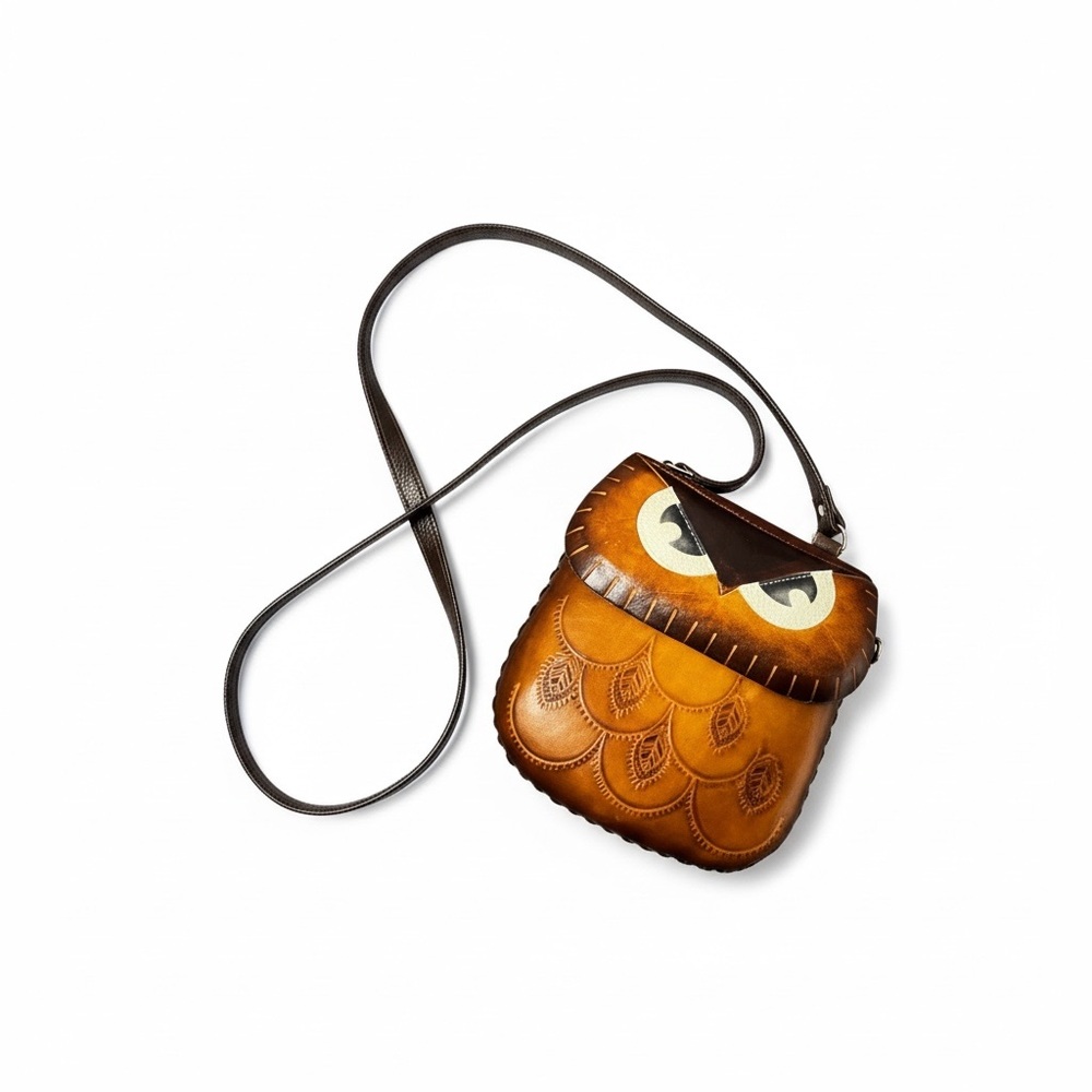 Vintage Owl Handtooled Leather Mini Bag Brown Snap Flap Small